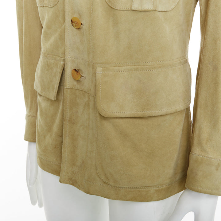 GUCCI Tom Ford Vintage khaki suede leather horn button safari jacket IT46 S