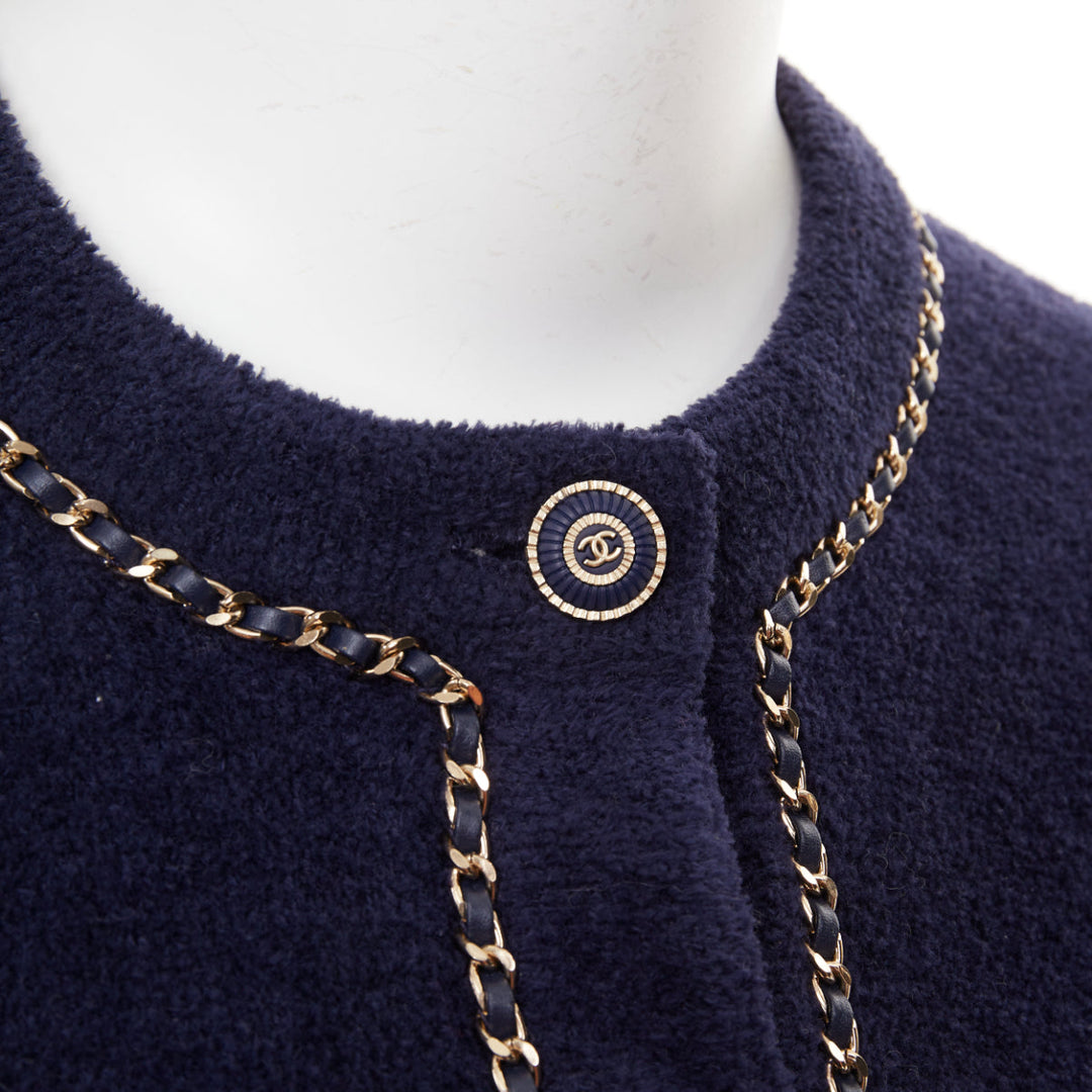 CHANEL 2020 navy cotton terry leather chain trim crop cardigan jacket FR34 XXS