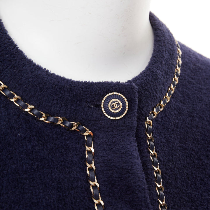 CHANEL 2020 navy cotton terry leather chain trim crop cardigan jacket FR34 XXS