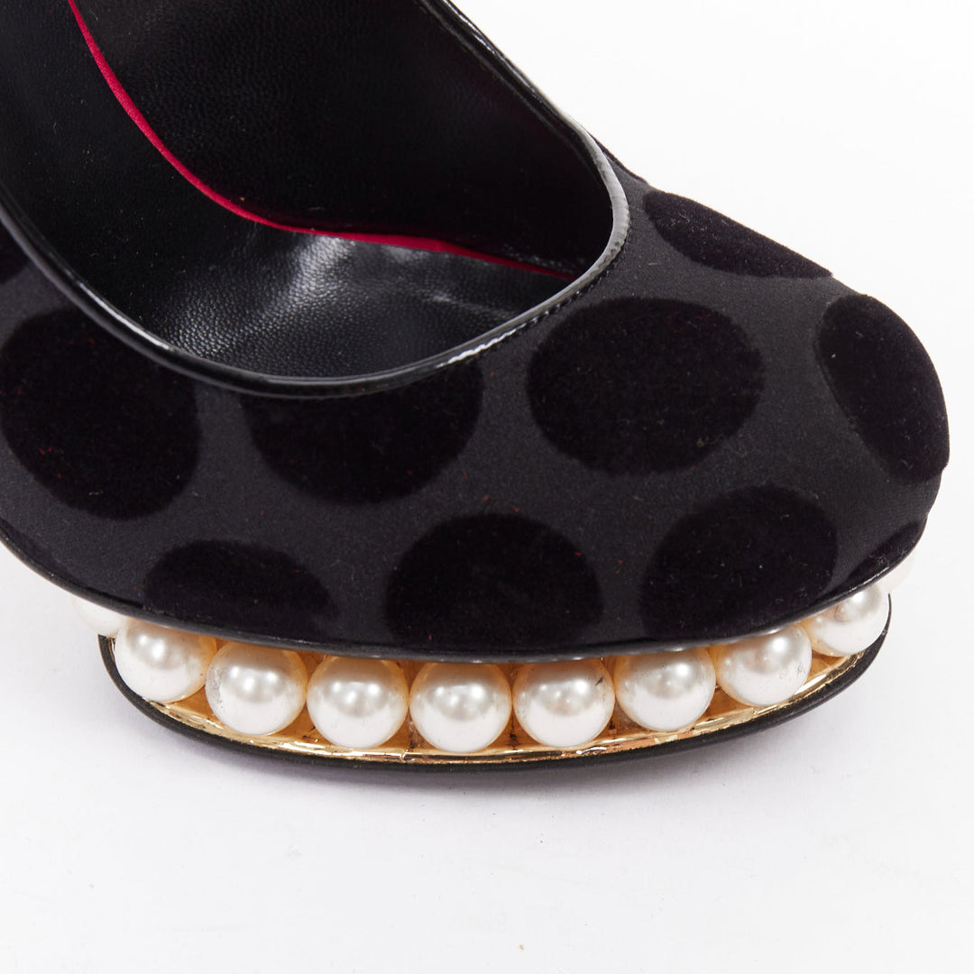 NICHOLAS KIRKWOOD Casati black velvet polka dot pearl platform pumps EU37.5
