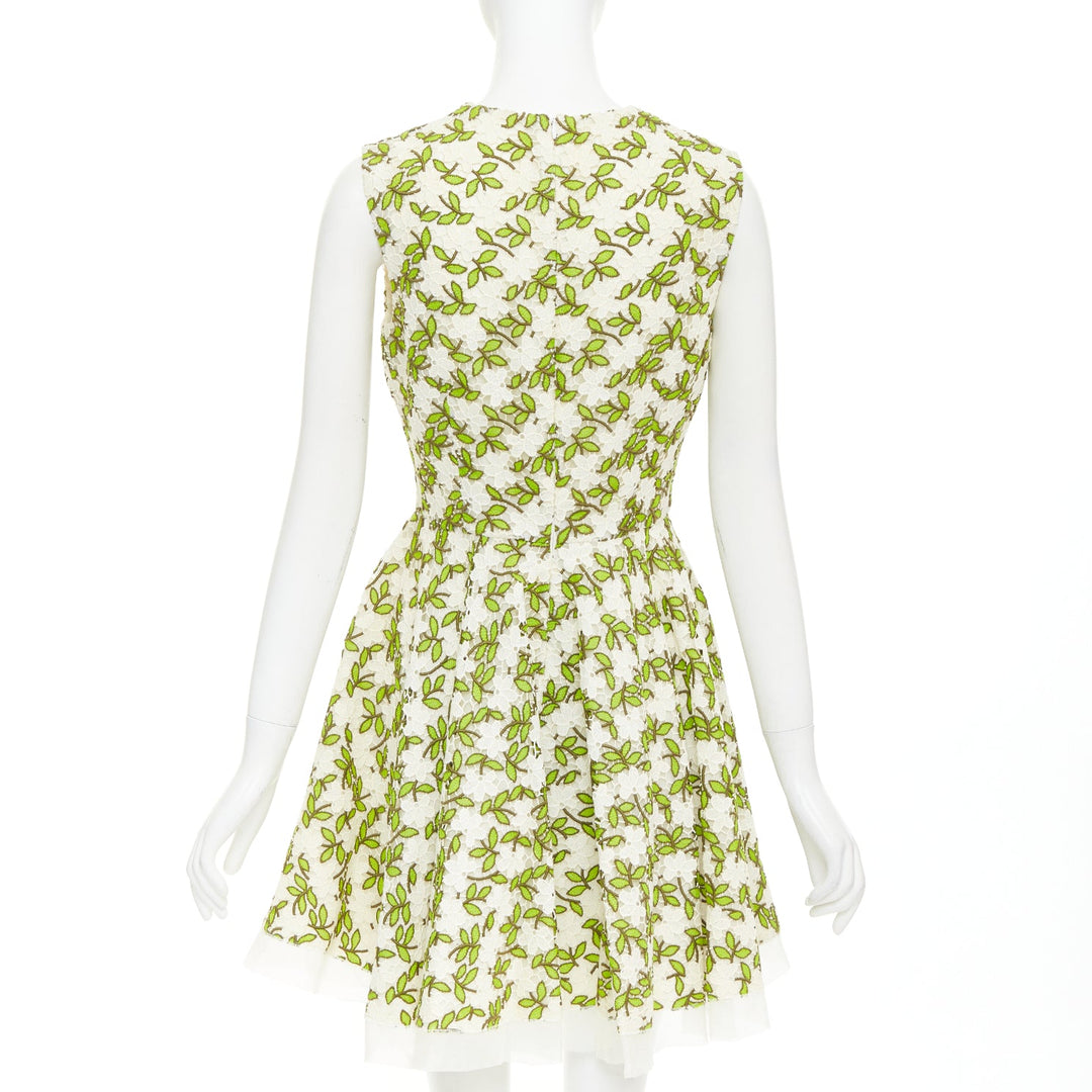 GIAMBATTISTA VALLI ivory green floral leaf embroidery anglais dress IT44 M