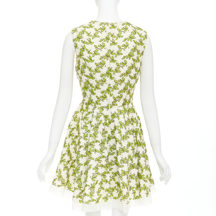 GIAMBATTISTA VALLI ivory green floral leaf embroidery anglais dress IT44 M