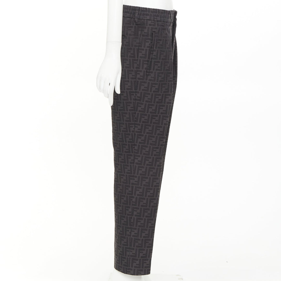 FENDI black FF Zucca monogram jacquard pleat front tapered cropped pants IT48 M