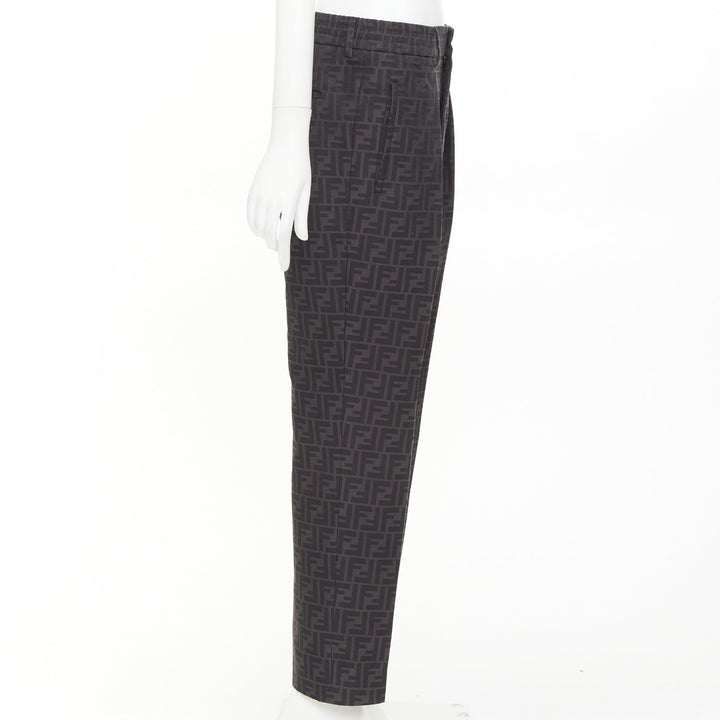 FENDI black FF Zucca monogram jacquard pleat front tapered cropped pants IT48 M