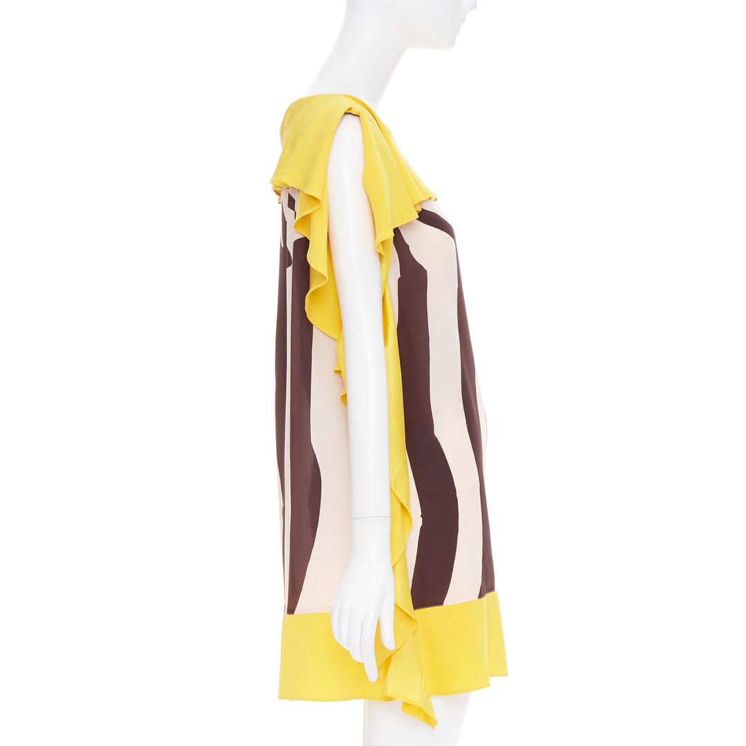 ESCADA Vintage abstract print yellow brown cream ruffle silk mini dress FR40 M