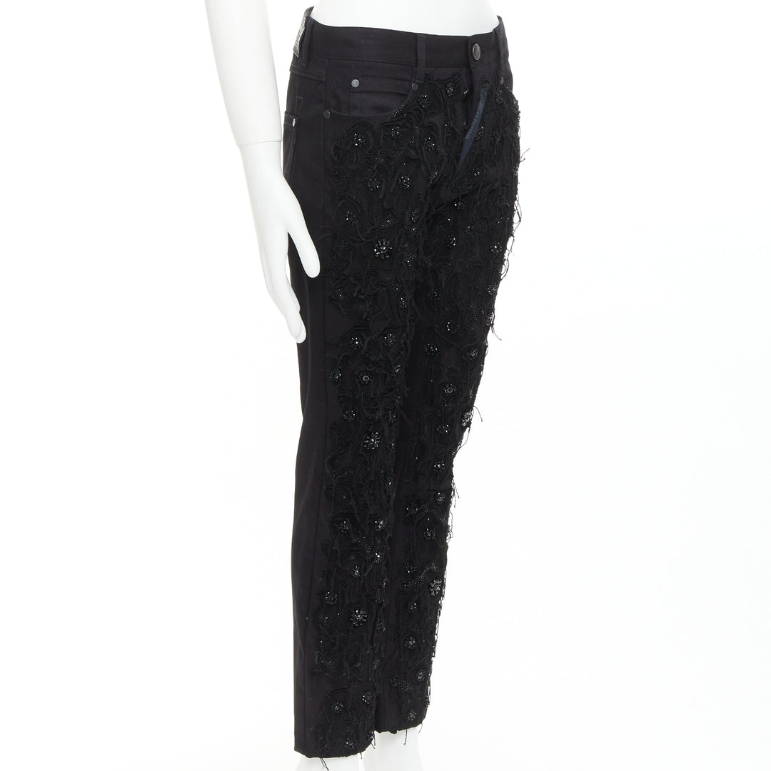 JOHN GALLIANO black cotton floral fringe embellished bootcut jeans FR46 S