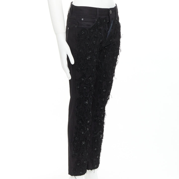 JOHN GALLIANO black cotton floral fringe embellished bootcut jeans FR46 S
