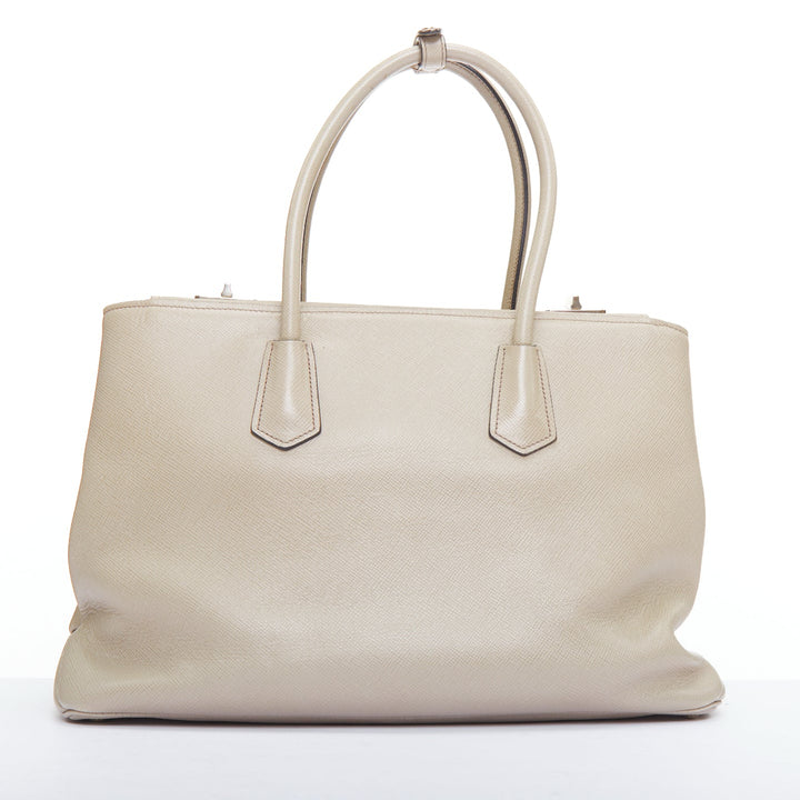 PRADA Twin beige saffiano leather trangle logo top handle tote bag