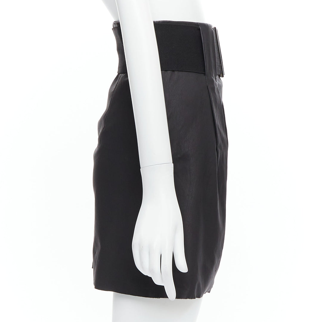 PIERRE BALMAIN Vintage black leather wide logo elastic belted A skirt FR38 M