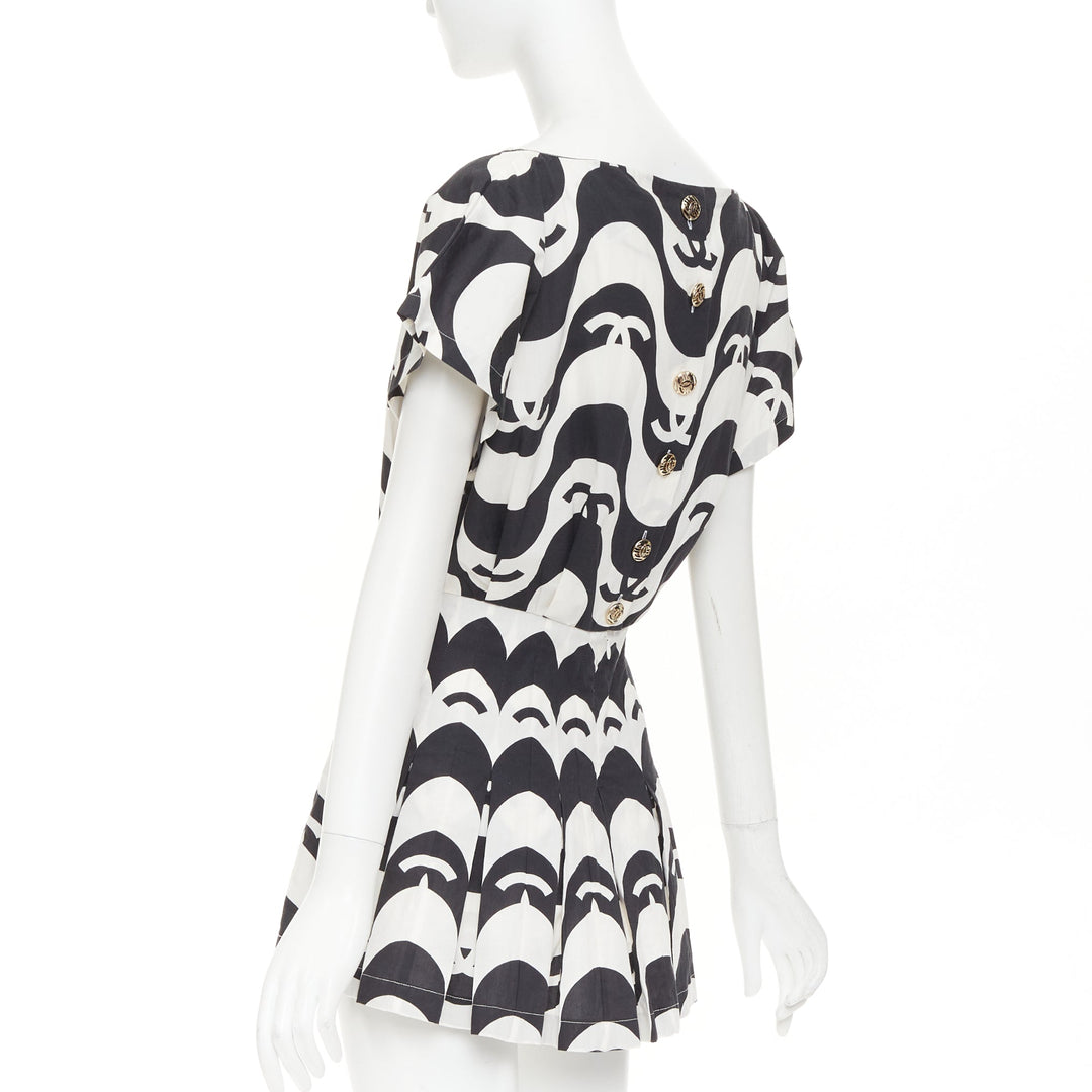 CHANEL 21P Runway black white cc wave print cotton mini romper playsuit FR34 XS