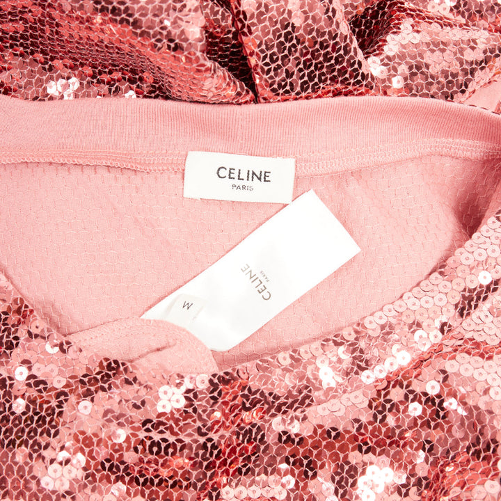 CELINE 2022 Runway rose pink white sequin logo oversized jersey tshirt M