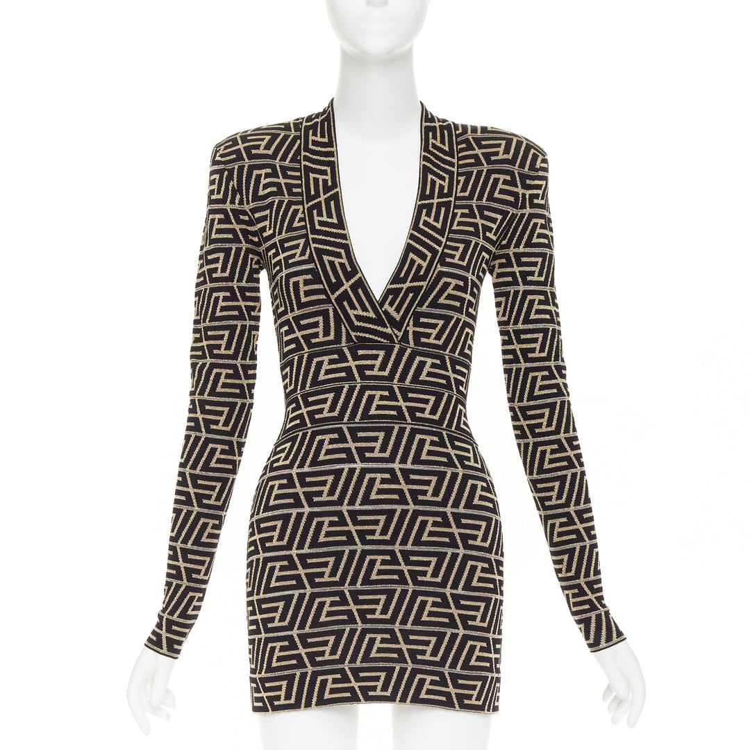 BALMAIN Monogram Knit Dress gold black geometric metallic brocade jersey dress