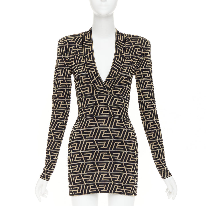 BALMAIN Monogram Knit Dress gold black geometric metallic brocade jersey dress