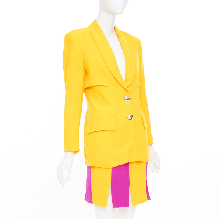 TAHARI Vintage yellow fuchsia block tiered blazer skirt suit set US 6 M