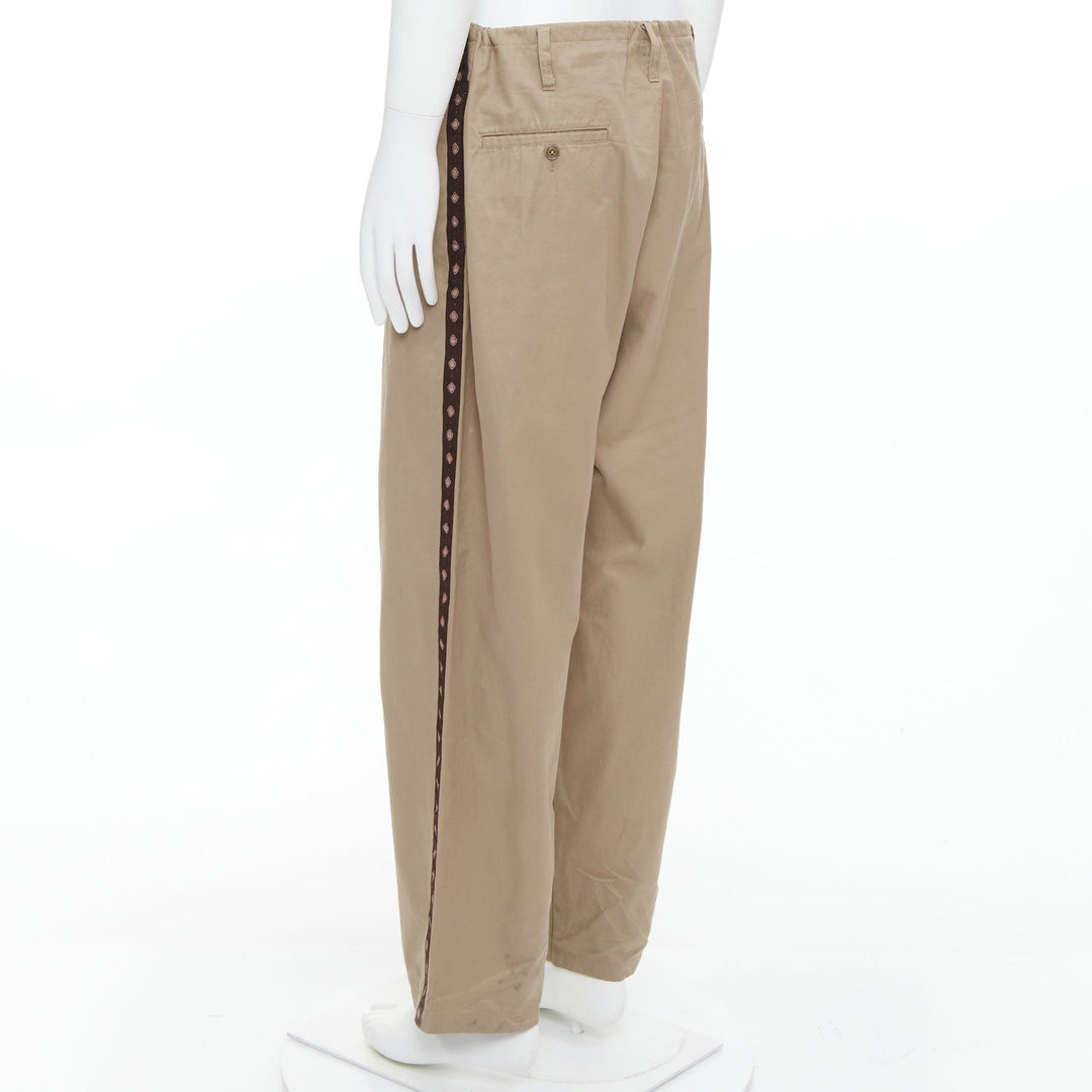 YOHJI YAMAMOTO beige brown ethnic trim drawstring wide pants JP3 L