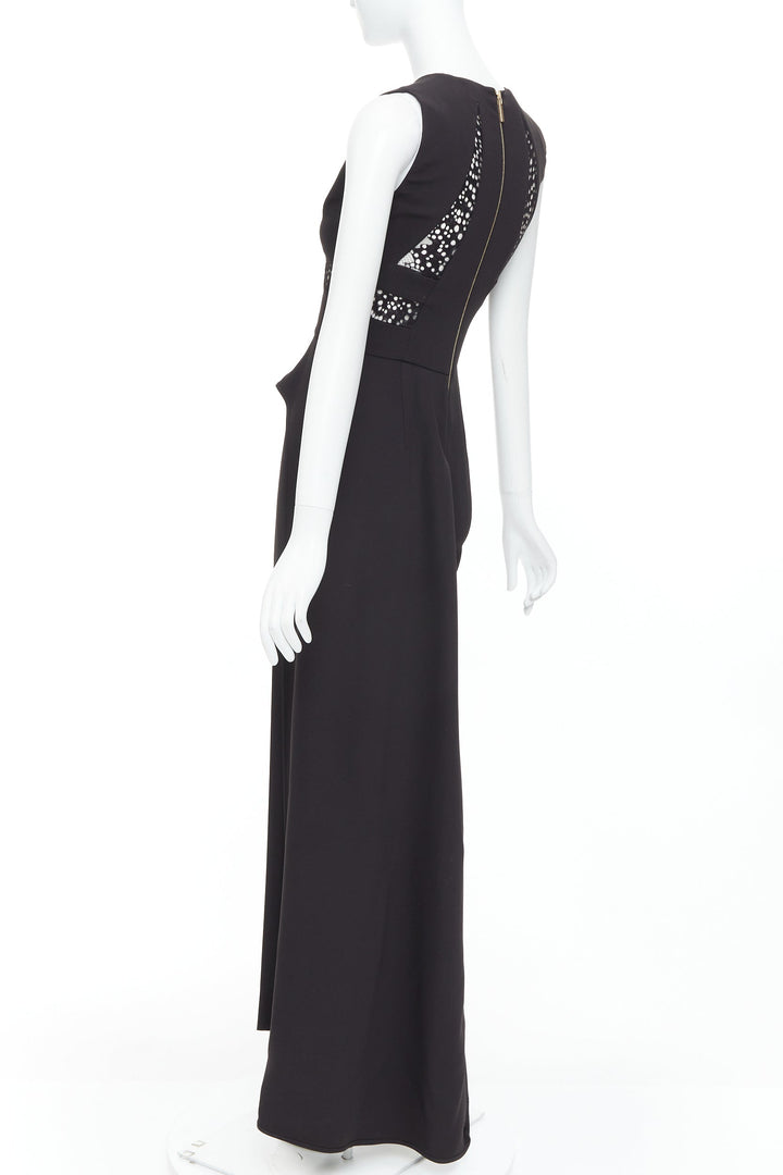 ELIE SAAB black sheer panels drape asymmetric V neck jumpsuit FR36 S