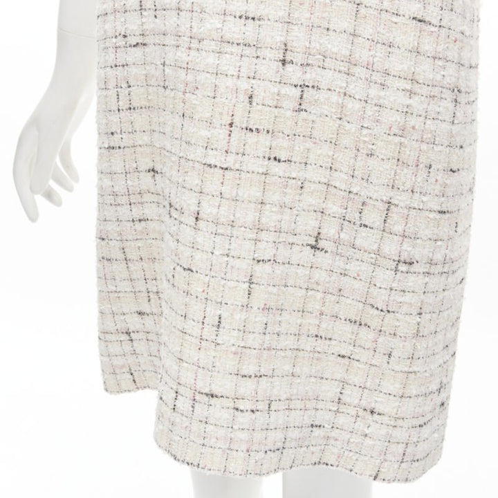 CHANEL light pink beige black check tweed short sleeve sheath dress FR38 M