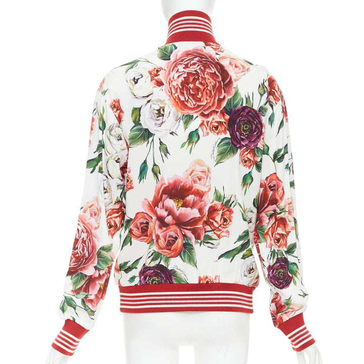 DOLCE GABBANA red rose floral print striped silk track bomber jacket IT36 XXS