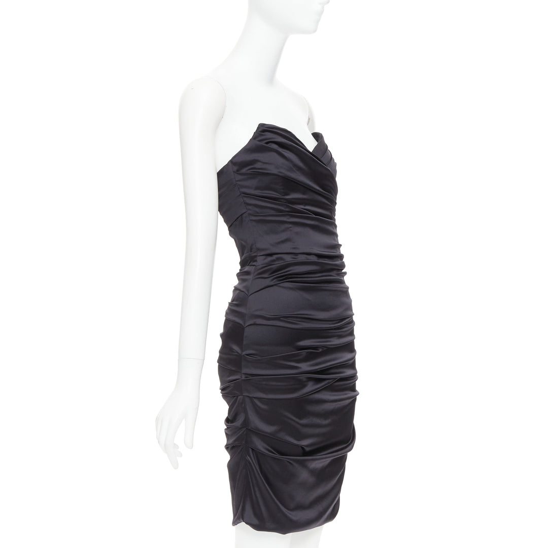 DOLCE GABBANA black silk blend angular bust rushed cocktail dress IT40 S