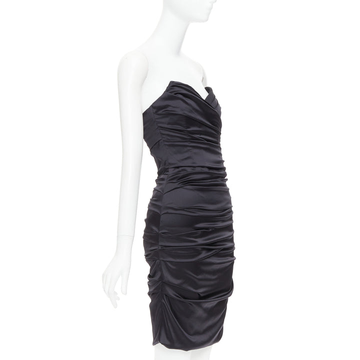 DOLCE GABBANA black silk blend angular bust rushed cocktail dress IT40 S