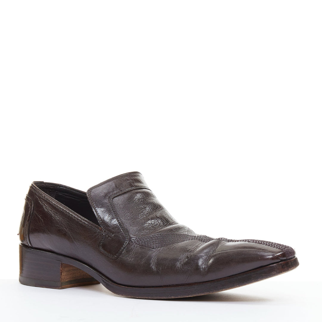 YVES SAINT LAURENT dark brown leather Y overstitch square toe loafers UK7 EU41
