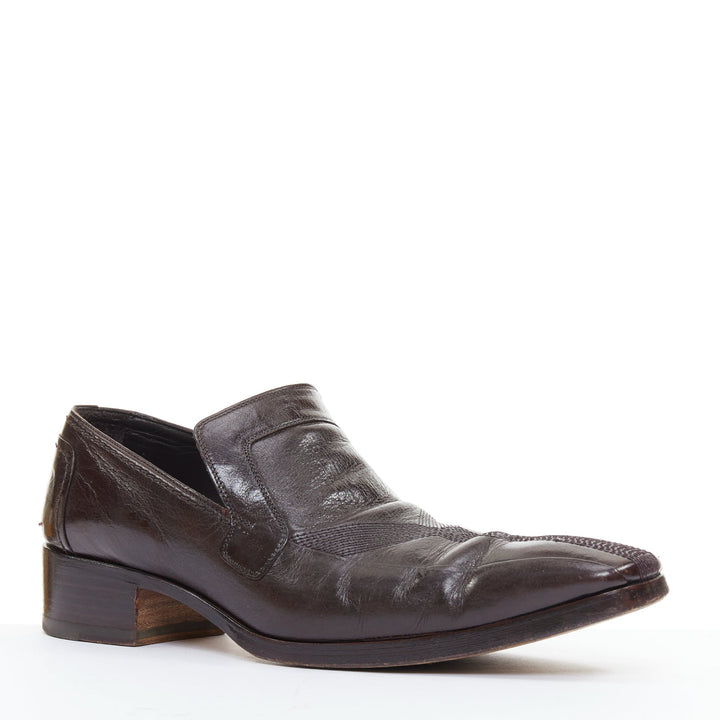 YVES SAINT LAURENT dark brown leather Y overstitch square toe loafers UK7 EU41