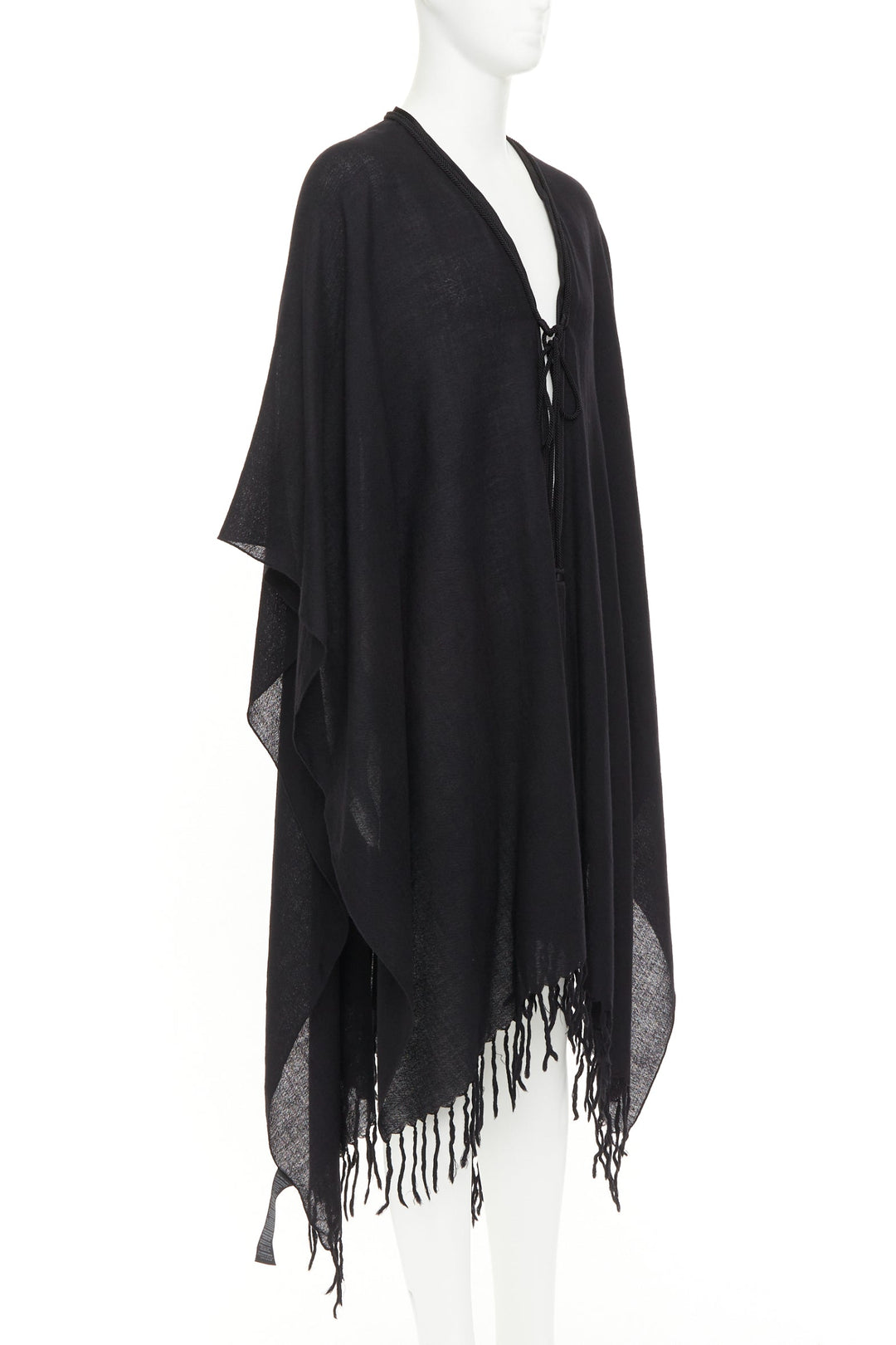 SAINT LAURENT 2016 Runway Hedi Slimane black wool fringed tassel tie cape poncho