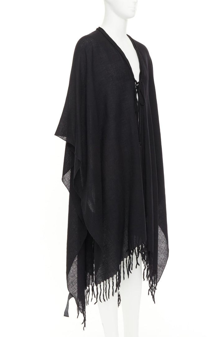 SAINT LAURENT 2016 Runway Hedi Slimane black wool fringed tassel tie cape poncho