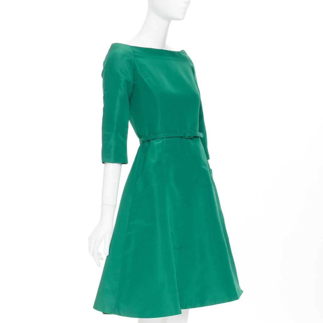 OSCAR DE LA RENTA F17 kelly green  silk taffeta bateau neck belted dress US0 XS