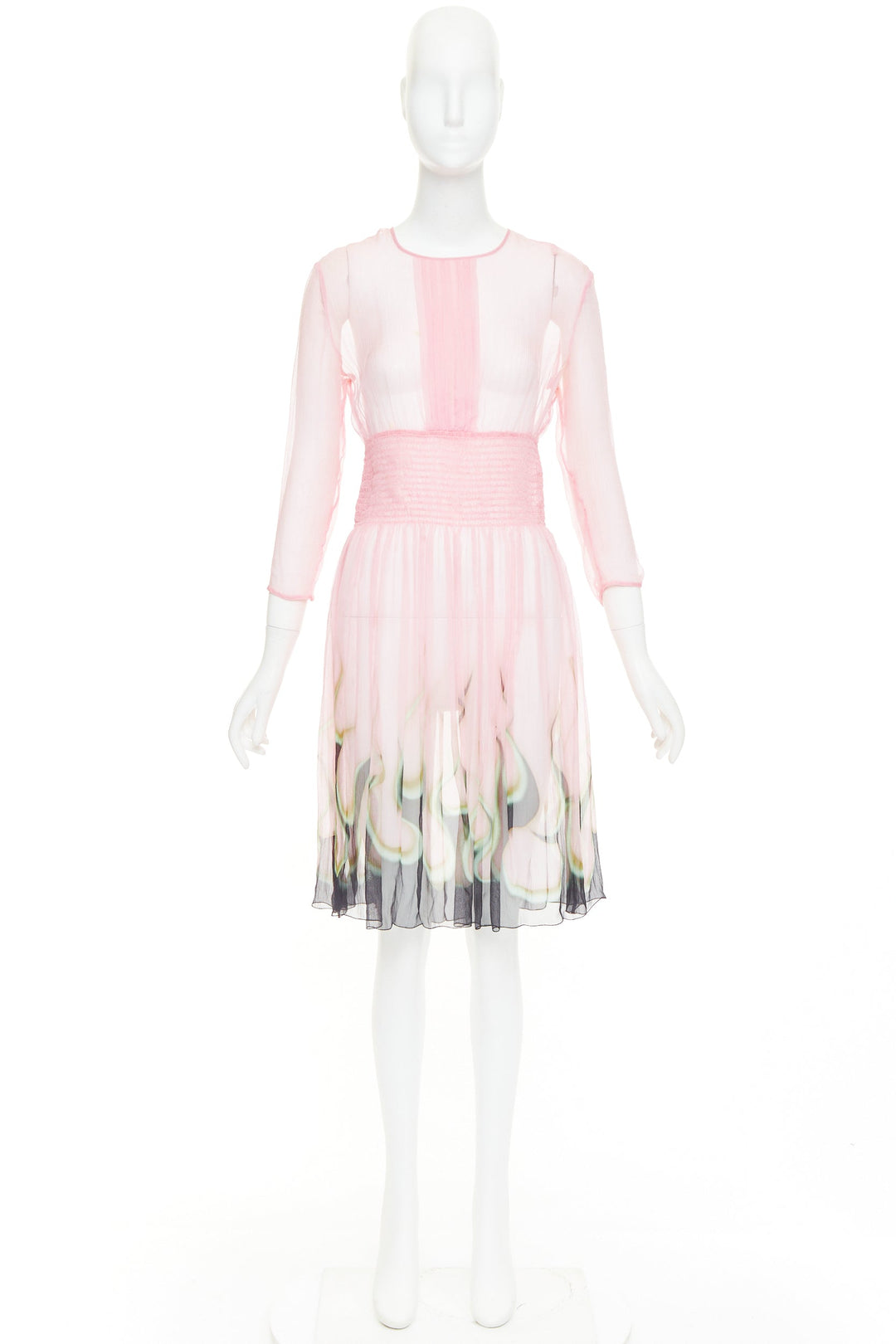 rare PRADA 2012 pink sheer silk chiffon green black flame knee dress IT42 M