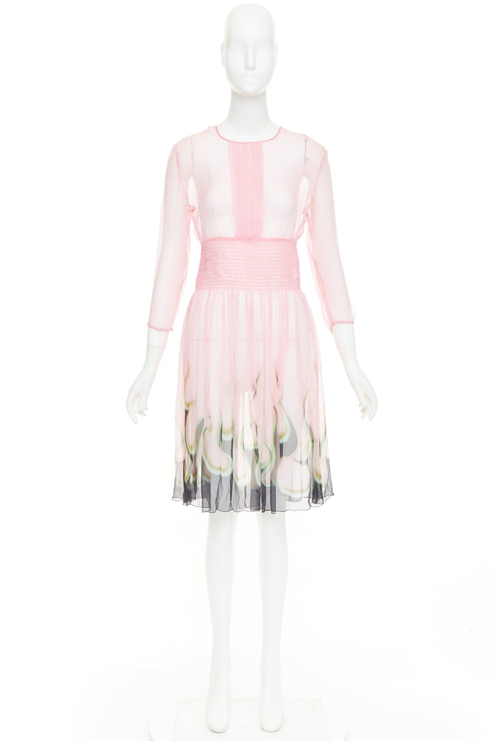 rare PRADA 2012 pink sheer silk chiffon green black flame knee dress IT42 M