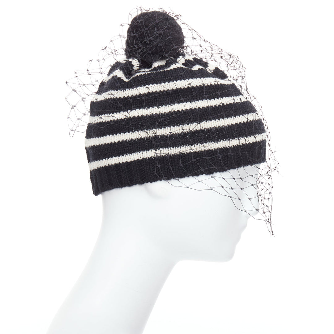 BERNSTOCK SPEIRS 100% cashmere black white striped veil beanie