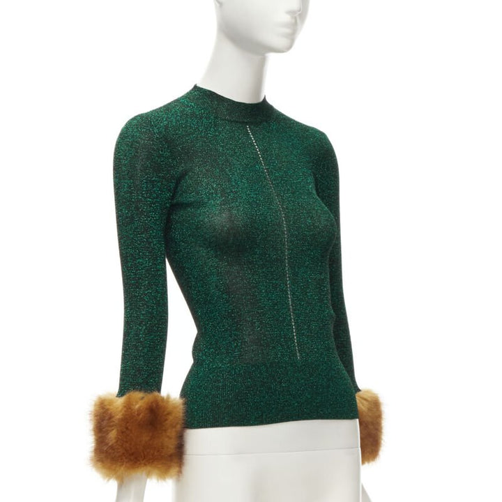 SAINT LAURENT metallic green lurex black faux fur trim ribbed top XS