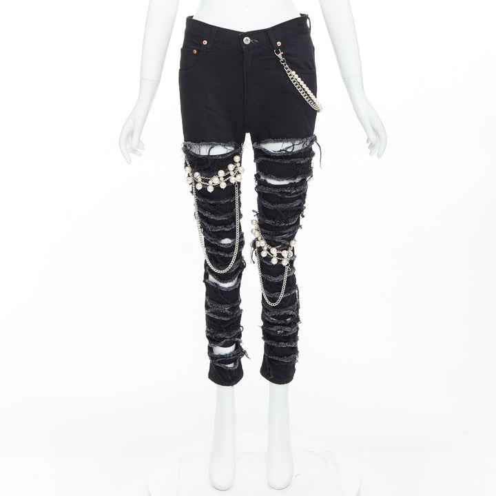 JUNYA WATANABE 2022 Punk black pearl chain chain destroyed ripped jeans XS