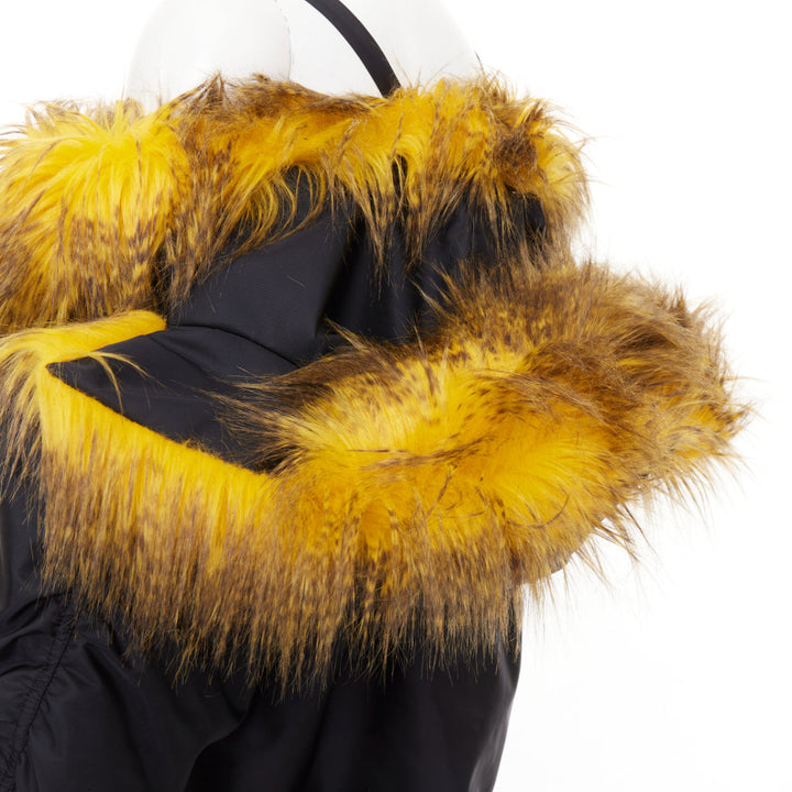 rare PRADA 2021 Raf Simons Runway yellow fur black off shoulder bomber IT38 XS