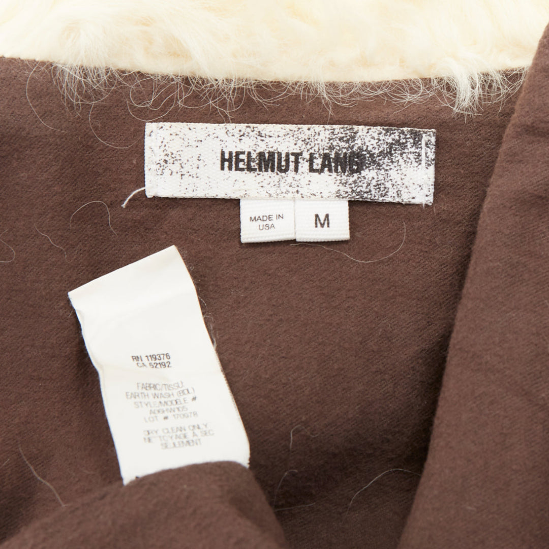 HELMUT LANG cream lambskin fur collar brown cotton blend flare jacket M