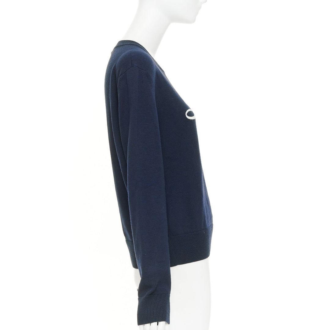 SAINT LAURENT 2017 LouLou Script navy wool cream embroidered crew neck sweater M