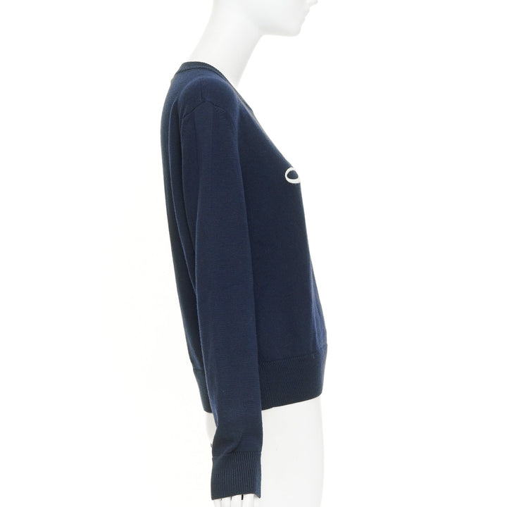 SAINT LAURENT 2017 LouLou Script navy wool cream embroidered crew neck sweater M