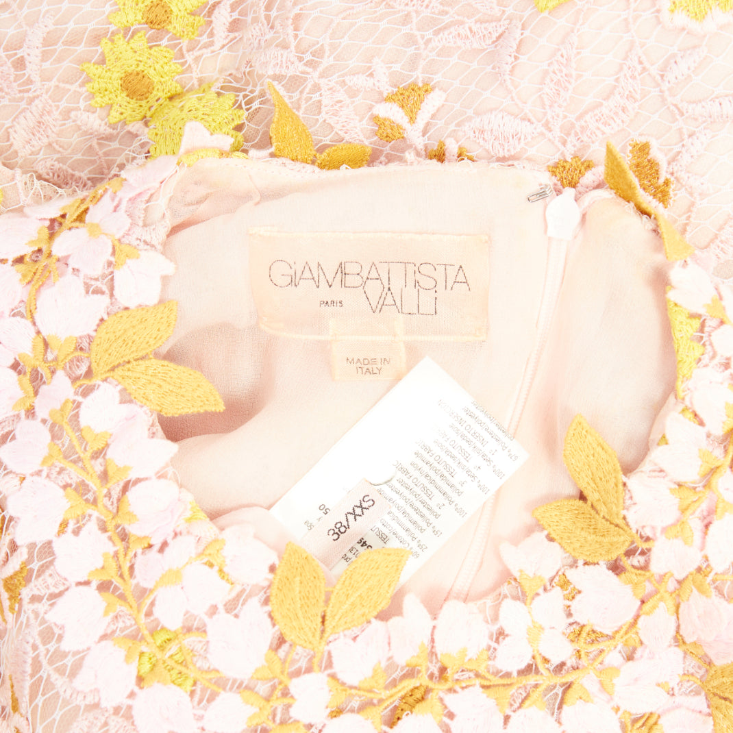 GIAMBATTISTA VALLI petal floral macrame lace pastel pink yellow dress IT38 XXS