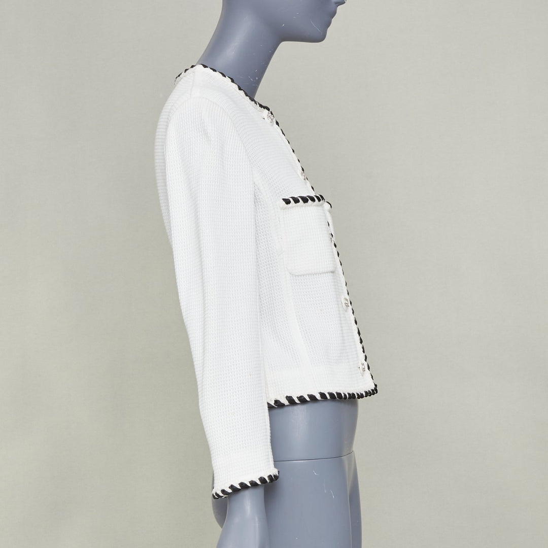 CHANEL 2021 Cruise white twist braid waffle knit crystal button jacket FR34 XX