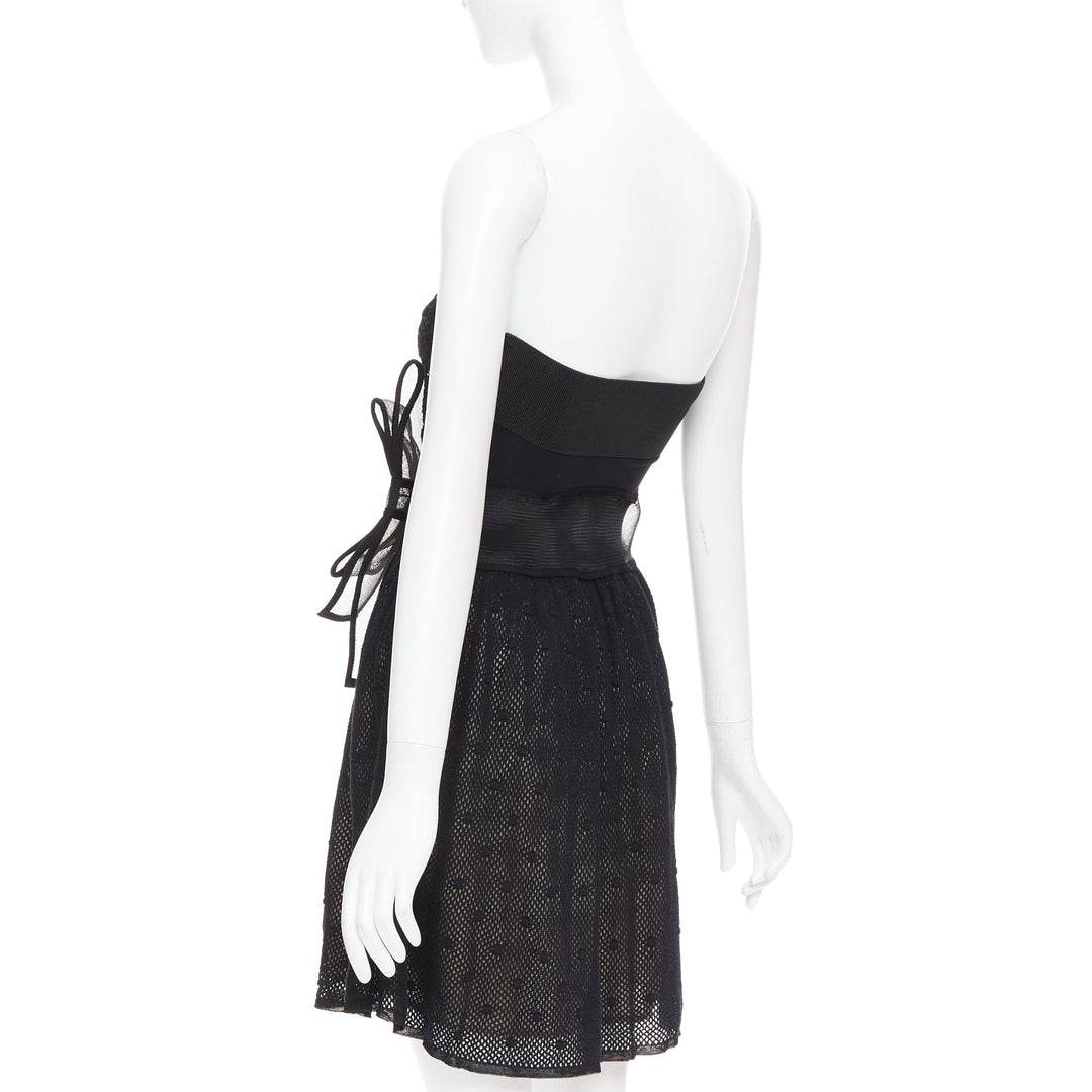 RED VALENTINO black multi lace stiff bow embellished strapless dress