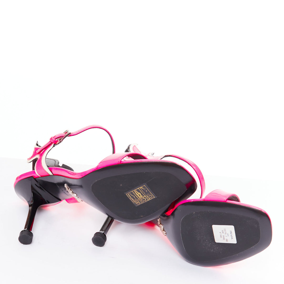 PRADA 2018 Flame fluo neon hot pink white patent Fire mid heel sandal EU37