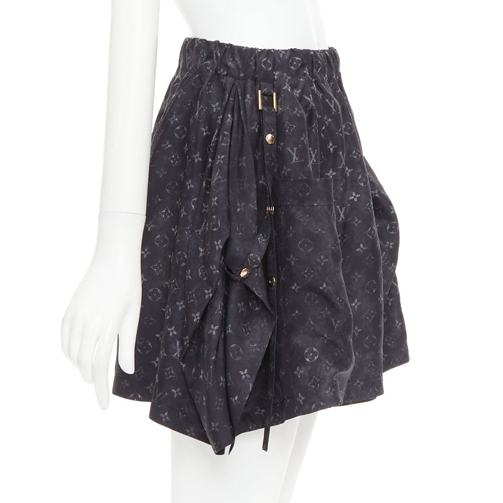 LOUIS VUITTON Monogram Cloud Pocket grey 100% silk flare mini skirt FR34 XS