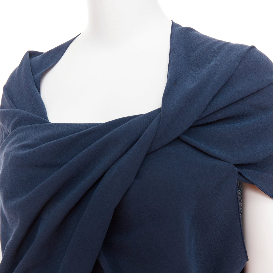 LANVIN 2009 navy triacetate blend twist front square neck ruched top FR34 XS