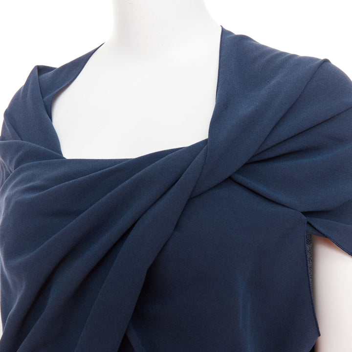 LANVIN 2009 navy triacetate blend twist front square neck ruched top FR34 XS