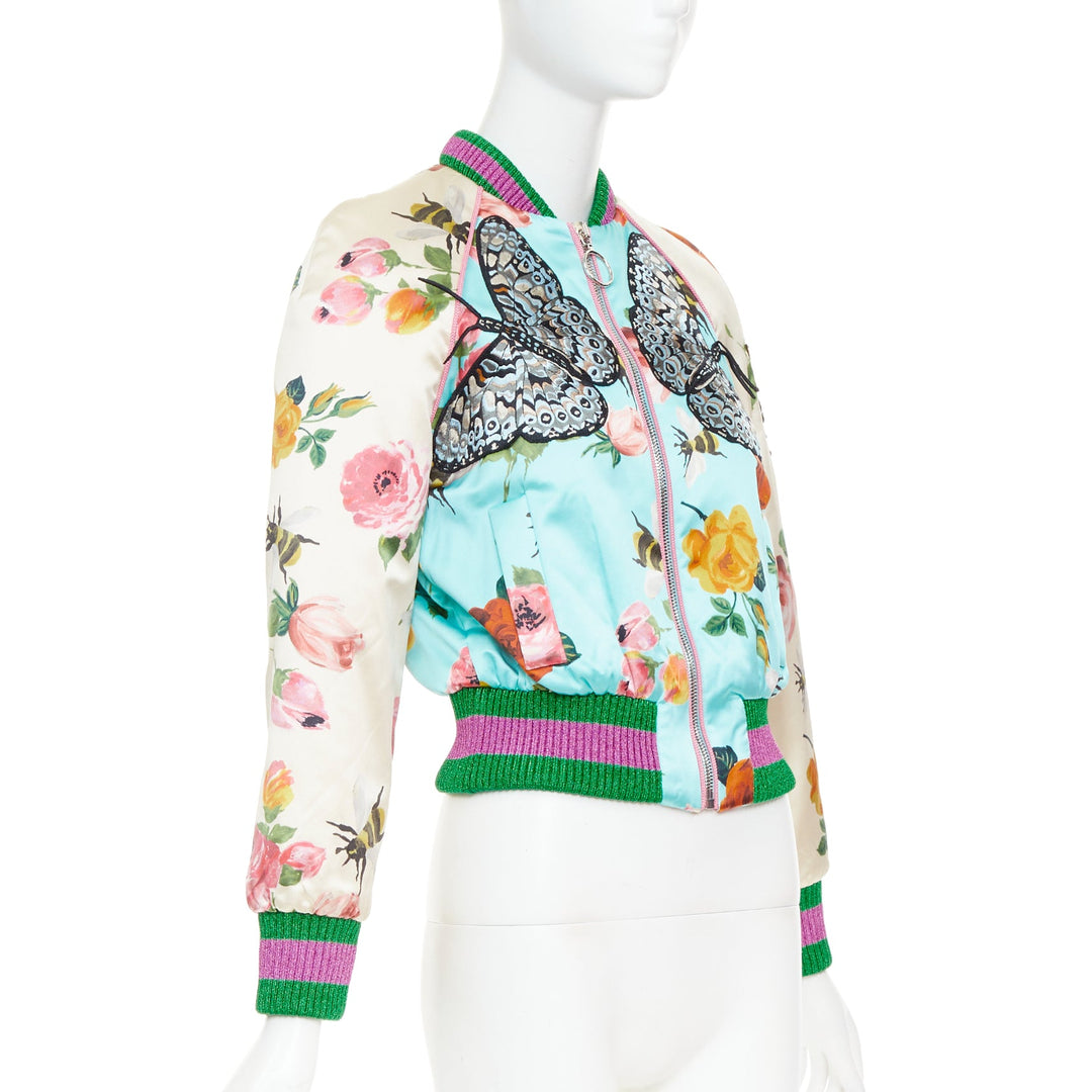 GUCCI 2016 Michele Runway blue silk insect embroidery bomber jacket IT36 XXS