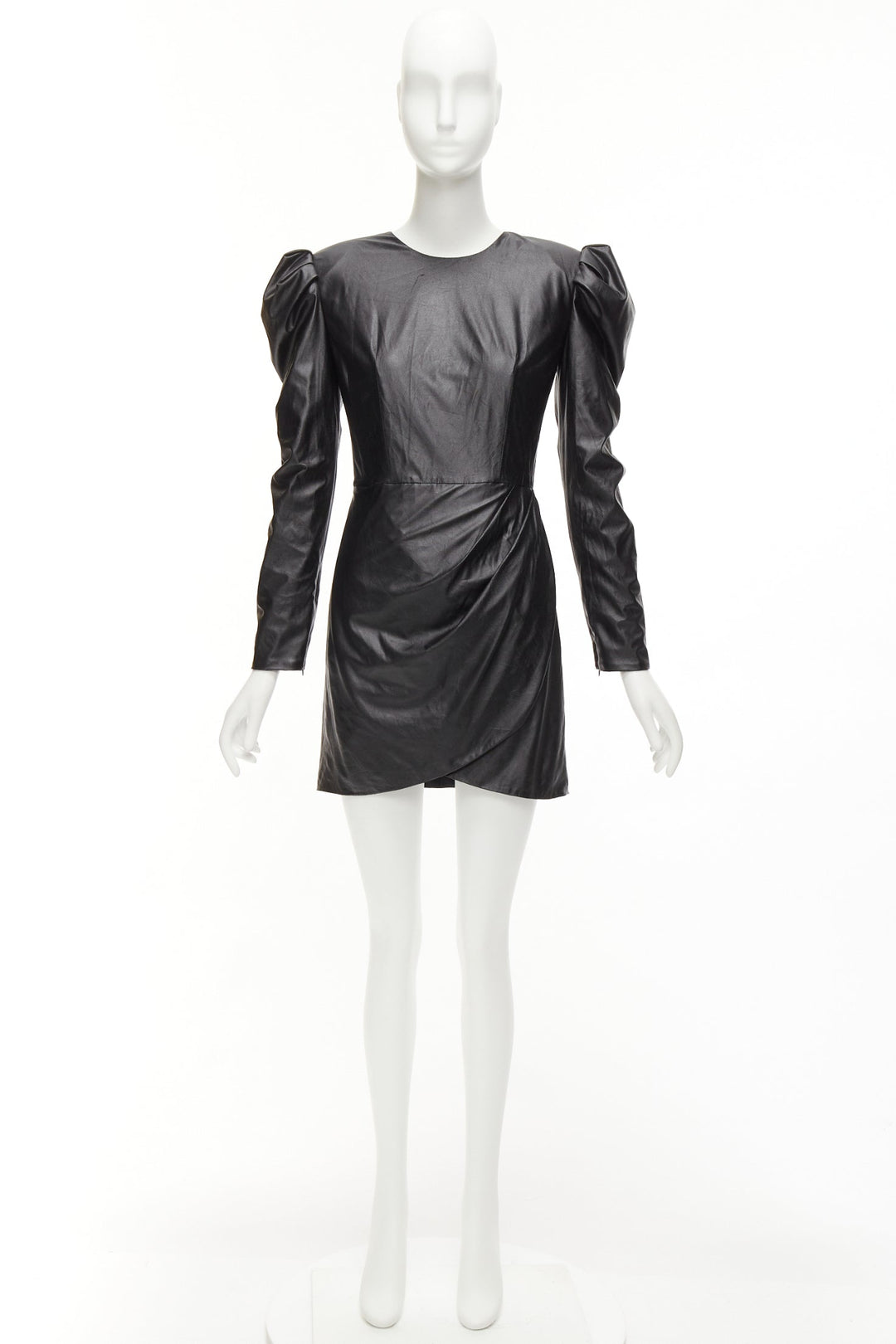 BRONX & BANCO black coated fabric puff shoulder drape skirt mini dress XS