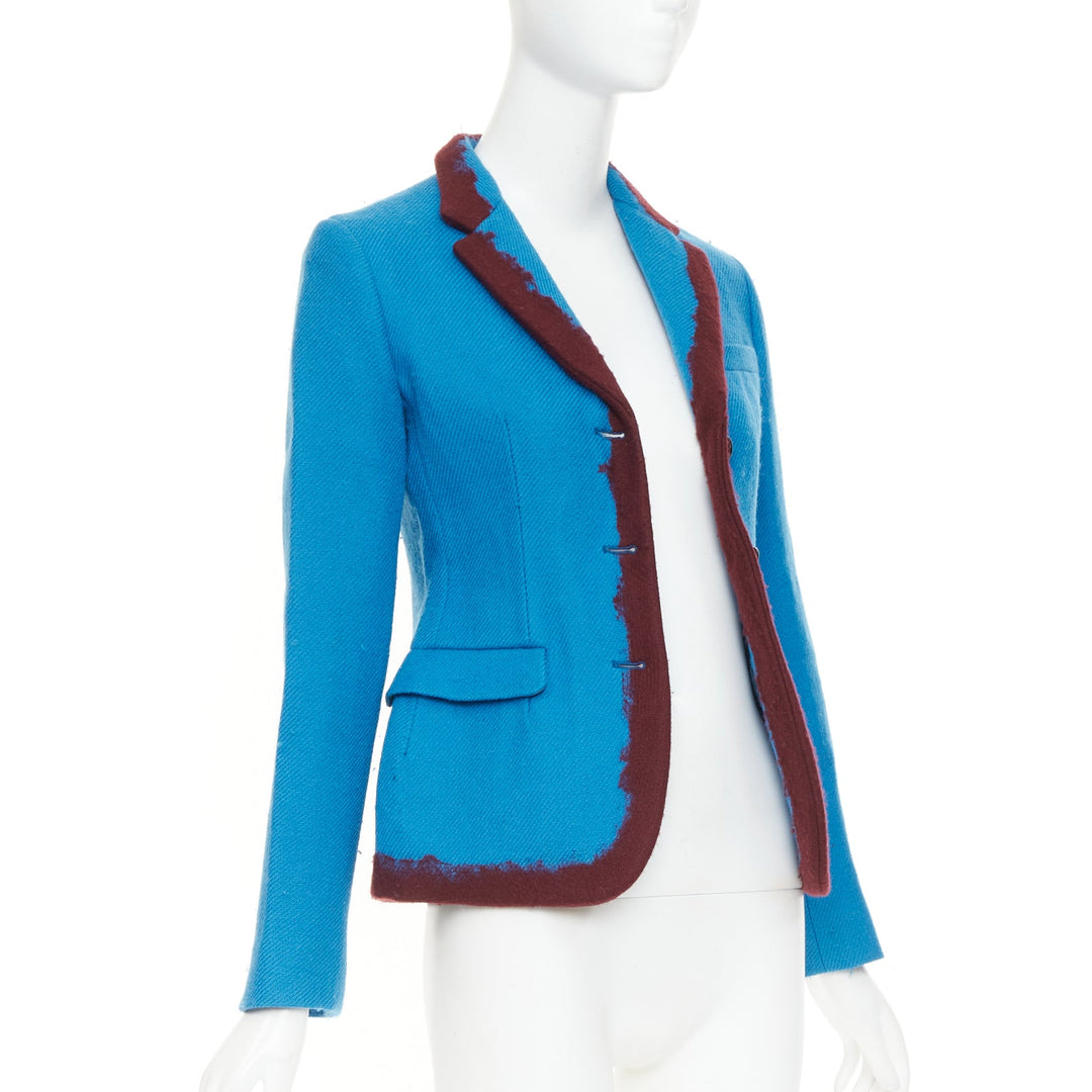 PRADA 2007 Runway turquoise wool raw edge burgundy felt trim blazer IT38 XS