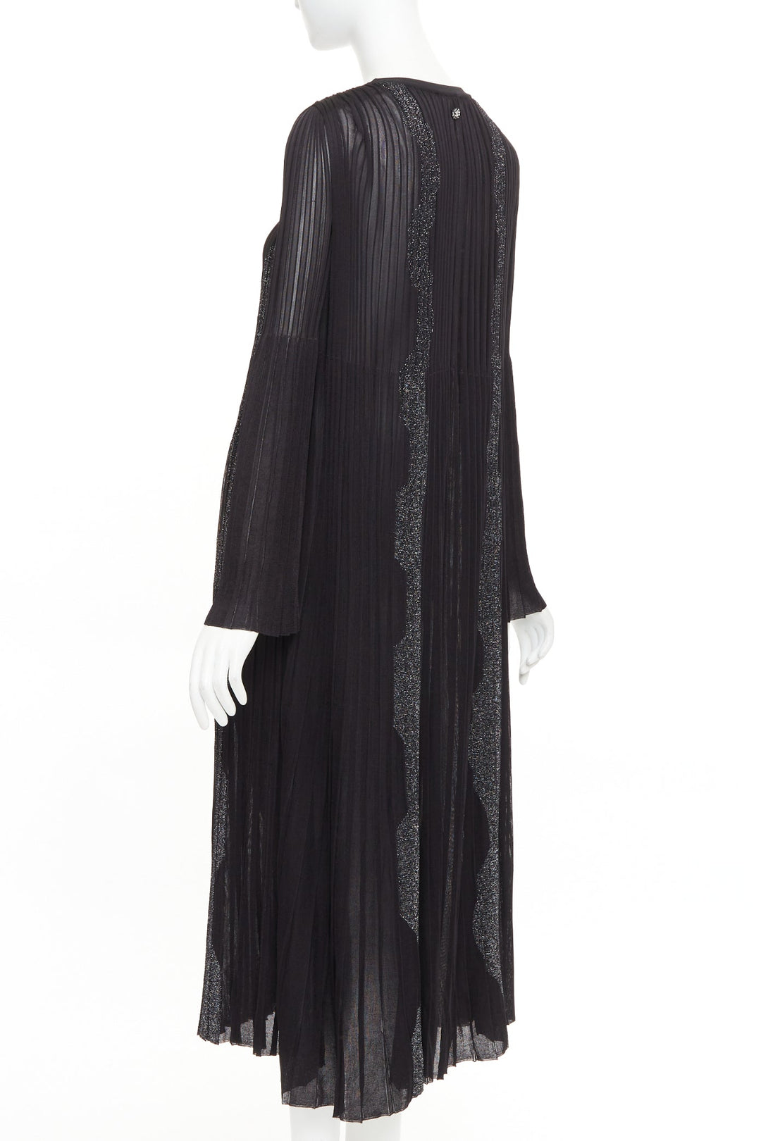CHANEL black silver glitter CC resin button plisse sheer wave midi dress FR38 M