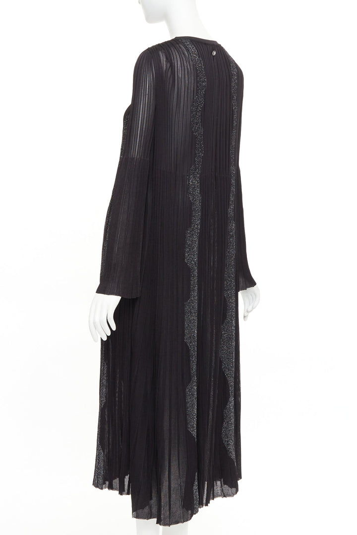 CHANEL black silver glitter CC resin button plisse sheer wave midi dress FR38 M